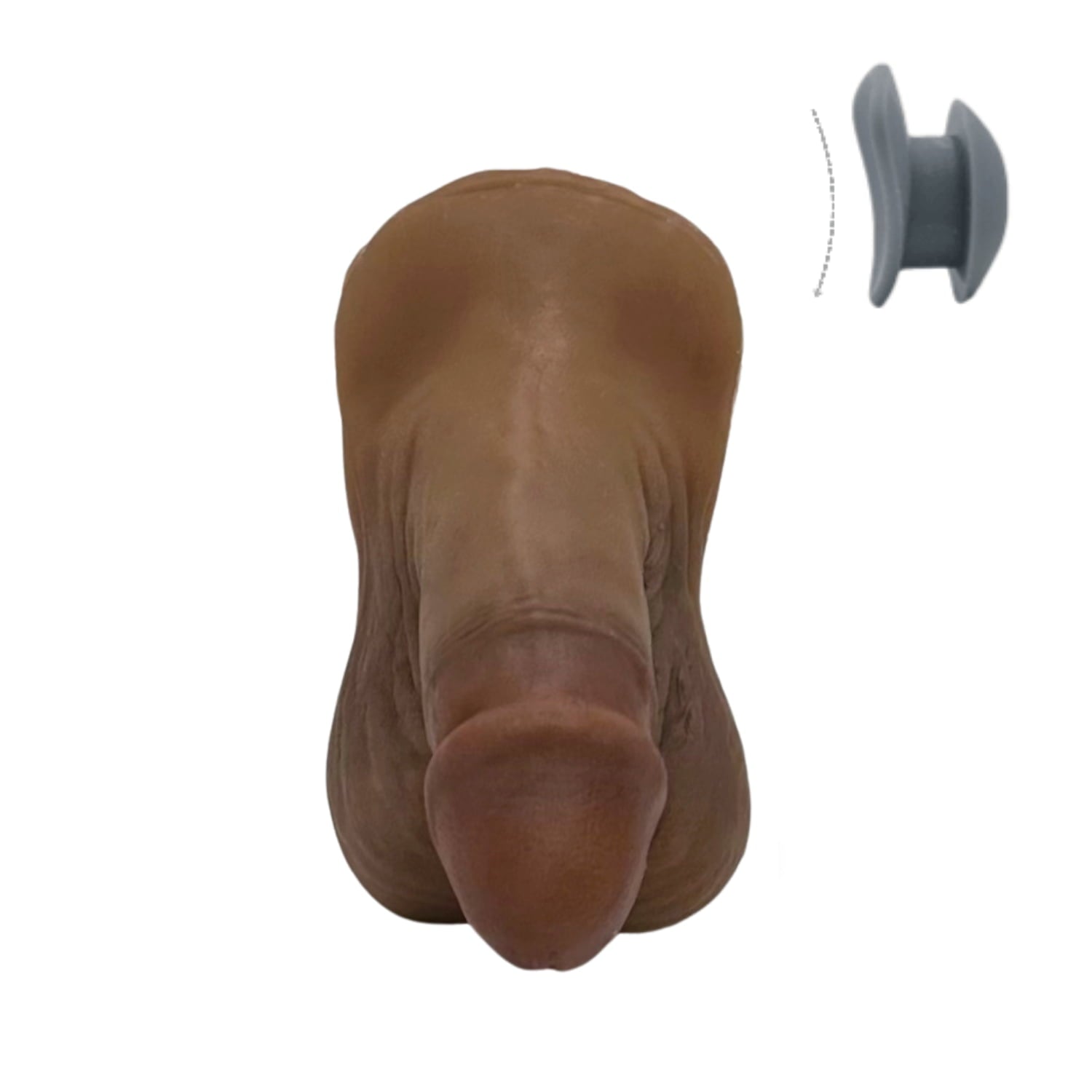 FTM向けエピテーゼ「Toren Round」露茎タイプ レギュラーサイズ(黒め)正面 - Circumcised FTM prosthetics, regular size, dark skin tone, front view