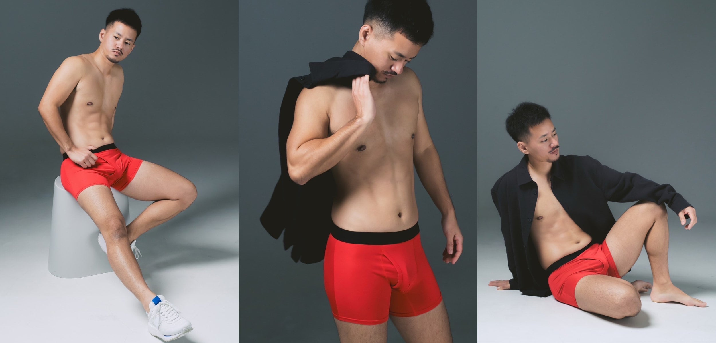 FTM向けボクサーパンツ クリムゾンレッド（モデル着用・3画像） - FTM Boxer Briefs Crimson Red (Model Shots - 3 Images)