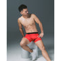 FTM向けボクサーパンツ クリムゾンレッド（着用イメージ・座り） - FTM Boxer Briefs Crimson Red (Worn - Sitting View)