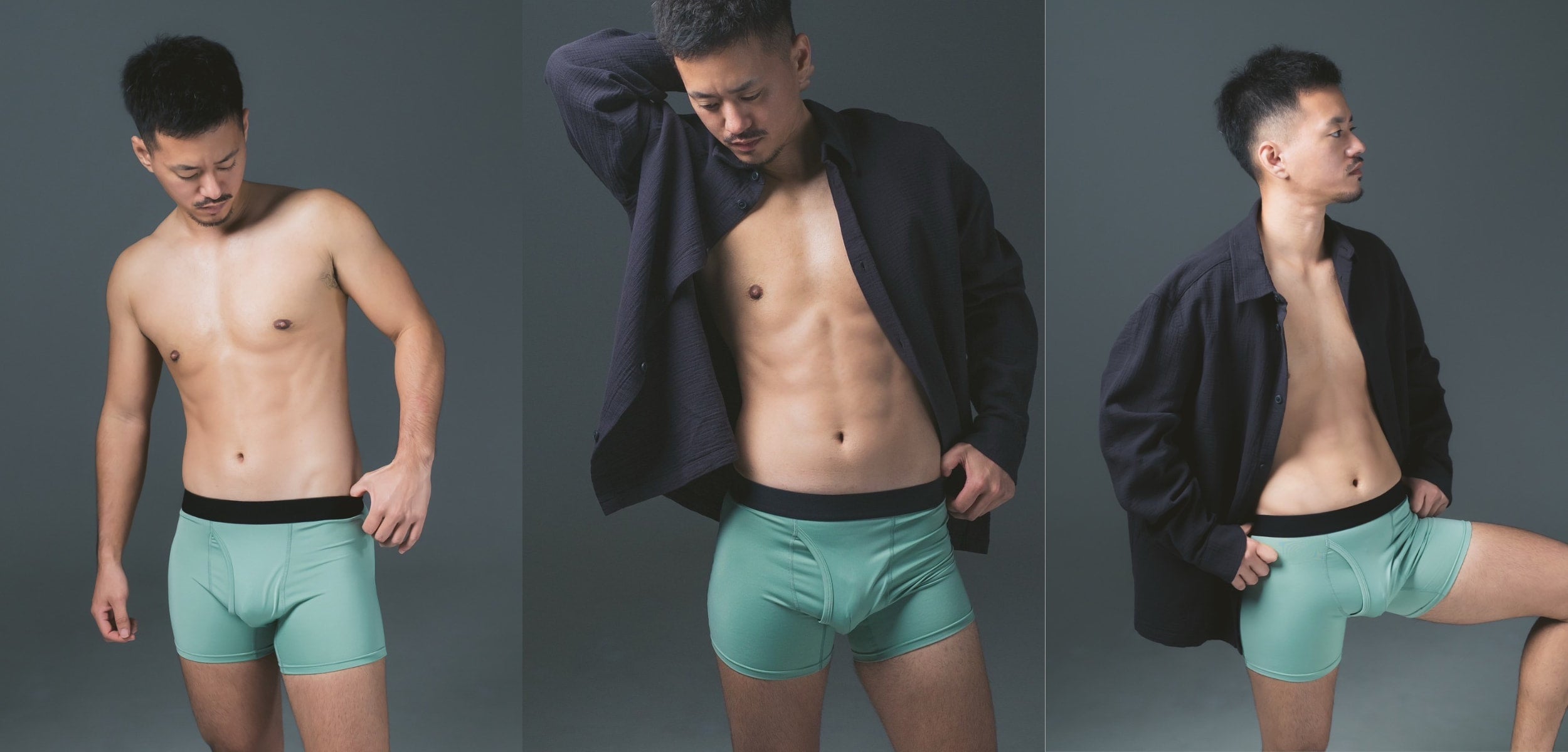 FTM向けボクサーパンツ スモークグリーン（モデル着用・3画像） - FTM Boxer Briefs Smoke Green (Model Shots - 3 Images)