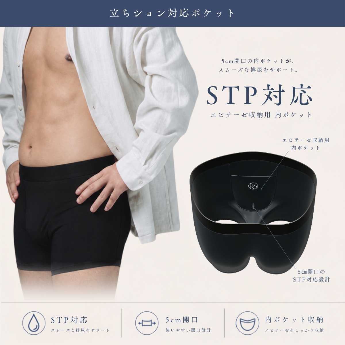 立ちション対応ポケット付きFTMボクサーパンツ（STP対応・5cm開口）｜Jet Black