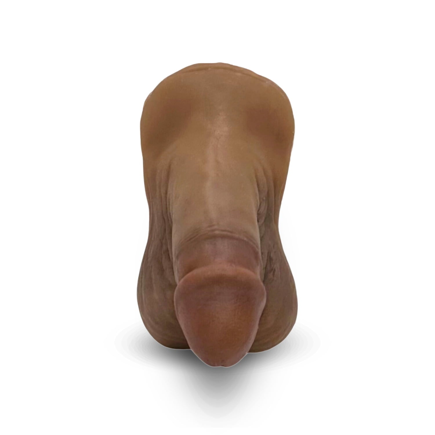 FTM向けエピテーゼ「Toren Round」露茎タイプ レギュラーサイズ（黒め）正面 - Circumcised FTM prosthetics, regular size, dark skin tone, front view