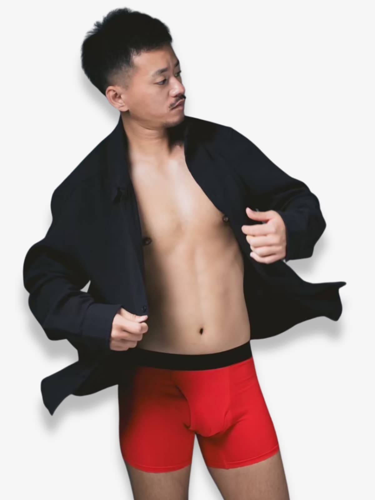 モデルがCrimson Redのボクサーパンツを着用 - FTM向け 背景白 | Model wearing Crimson Red boxer briefs